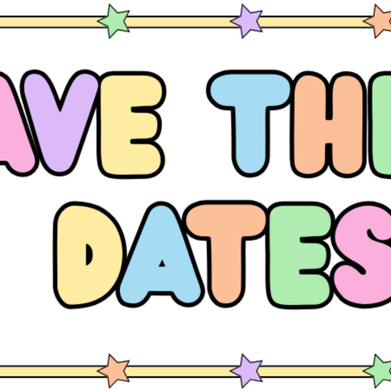 Pastel-colored stars surround "Save These Dates" written in bubble letters.