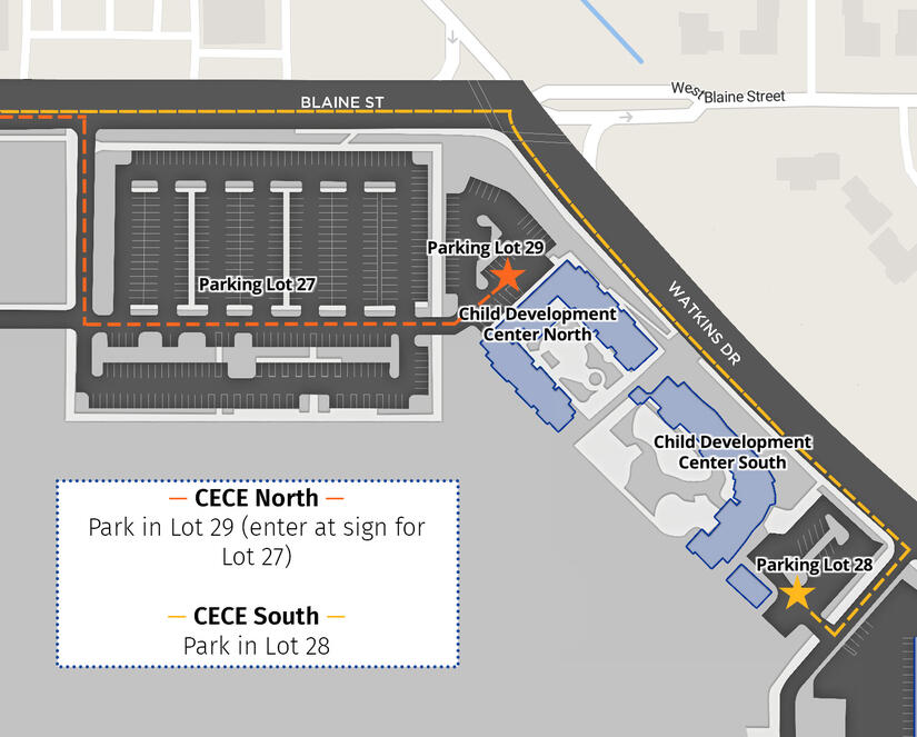 A map of the CECE parking lots with an orange dotted line showing the driving directions to Lot 29 and a gold dotted line showing the driving directions to Lot 28.